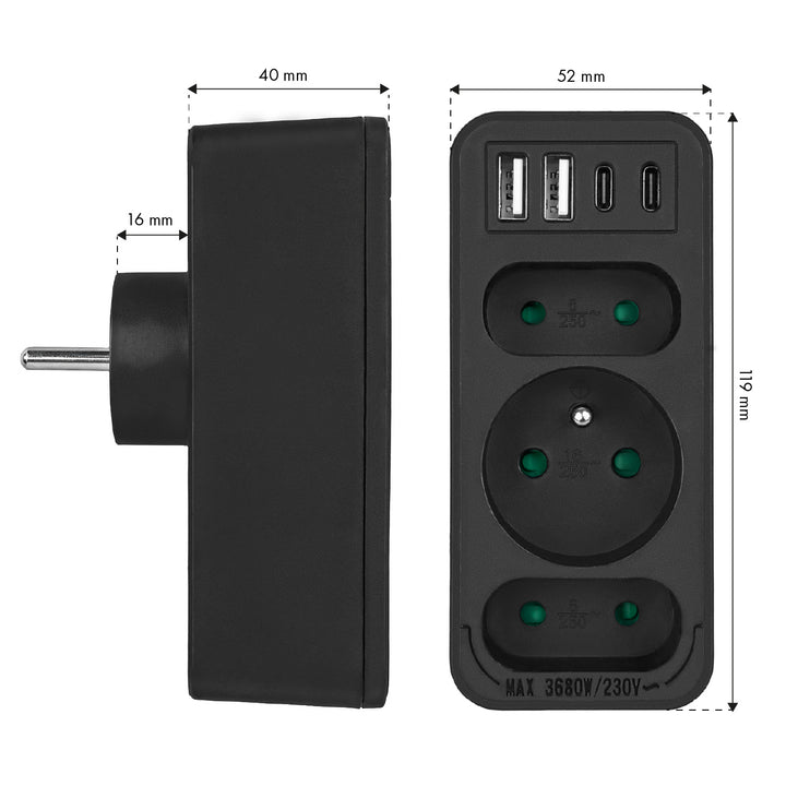 Stromanschluss x3 + 4xUSB Maclean, 3-Steckdosen-Verteiler, 2xUSB A, 2xUSB C PD 20W, 1x16A + 2x6A, MCE248 F/B, 2 Stück