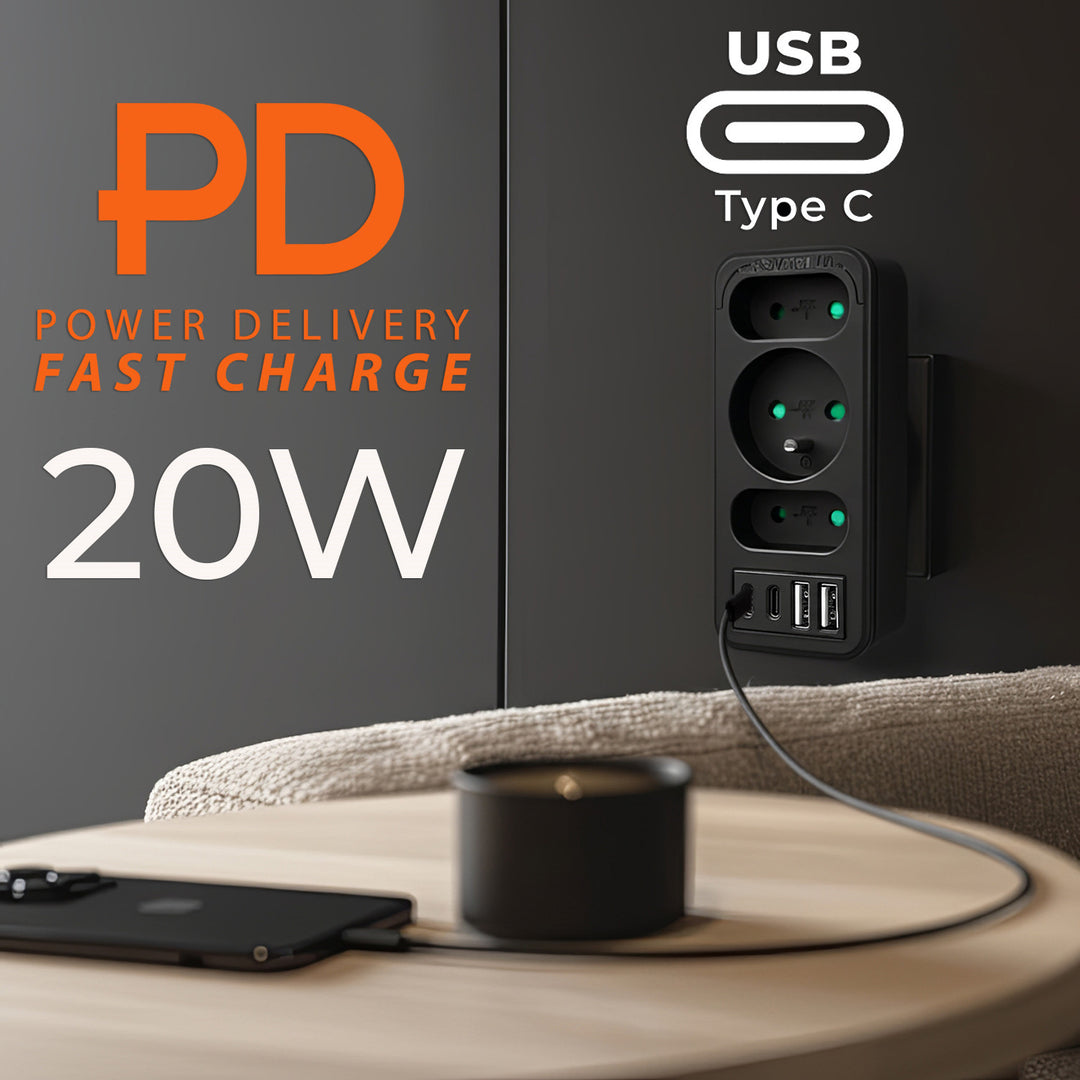 Stromanschluss x3 + 4xUSB Maclean, 3-Steckdosen-Verteiler, 2xUSB A, 2xUSB C PD 20W, 1x16A + 2x6A, MCE248 F/B, 3 Stück