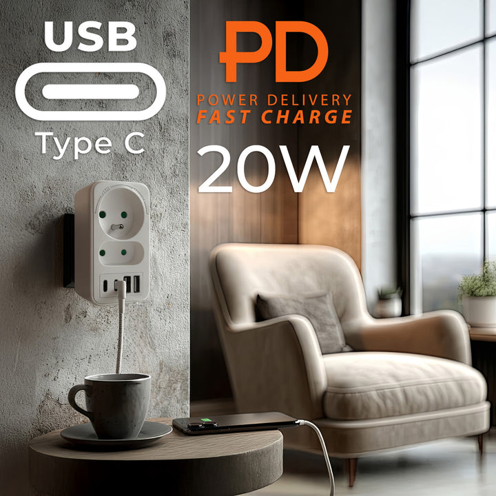 Maclean Stromsteckdose x2 + 4xUSB, Splitter mit 2 Steckdosen, 2xUSB A, 2xUSB C PD 20W, 1x16A + 1x6A, MCE249 F/W, 2 Stück