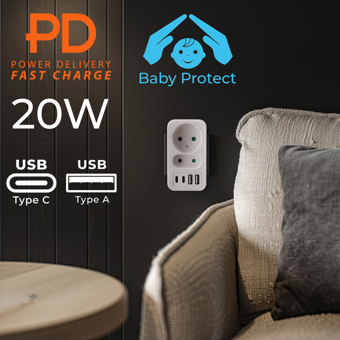 Maclean Stromsteckdose x2 + 4xUSB, Splitter mit 2 Steckdosen, 2xUSB A, 2xUSB C PD 20W, 1x16A + 1x6A, MCE249 F/W, 2 Stück
