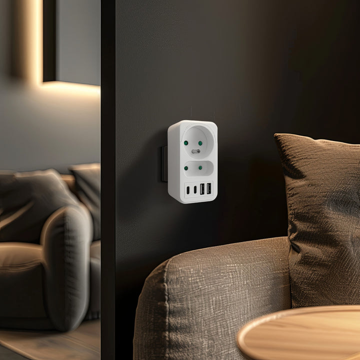 Maclean Stromsteckdose x2 + 4xUSB, Verteiler mit 2 Steckdosen, 2xUSB A, 2xUSB C PD 20W, 1x16A + 1x6A, MCE249 F/W, 3 Stück