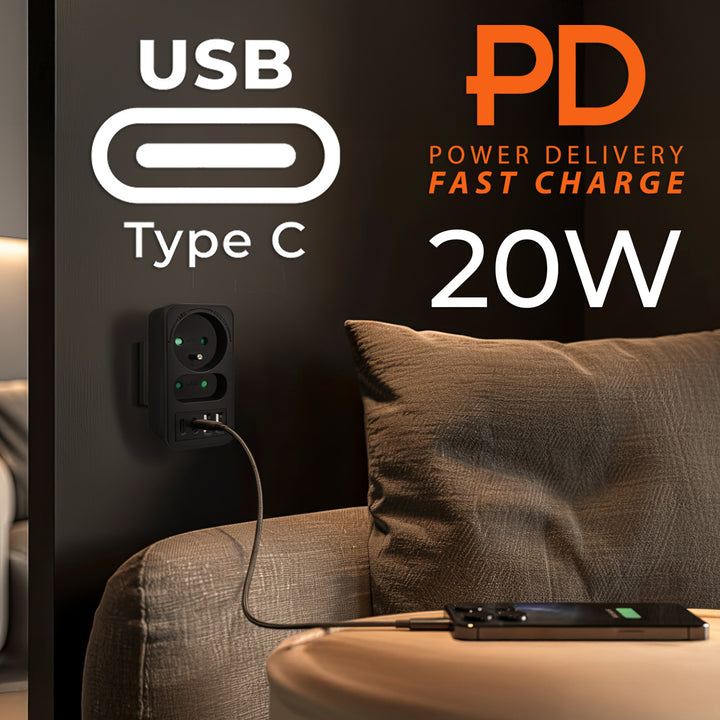 Maclean Stromsteckdose x2 + 4xUSB, Splitter mit 2 Steckdosen, 2xUSB A, 2xUSB C PD 20W, 1x16A + 1x6A, MCE249 F/B, 2 Stück