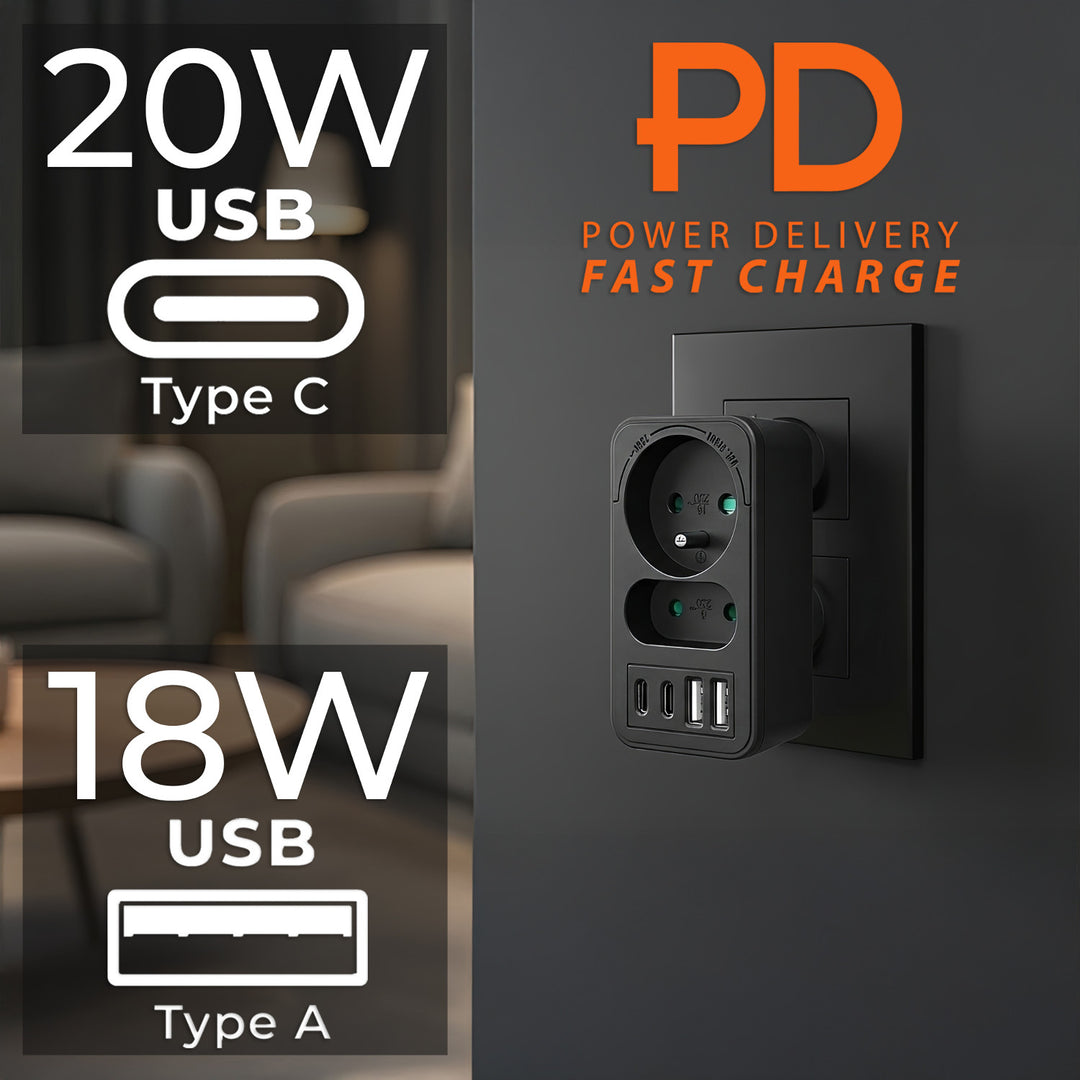 Maclean Stromsteckdose x2 + 4xUSB, Splitter mit 2 Steckdosen, 2xUSB A, 2xUSB C PD 20W, 1x16A + 1x6A, MCE249 F/B, 2 Stück