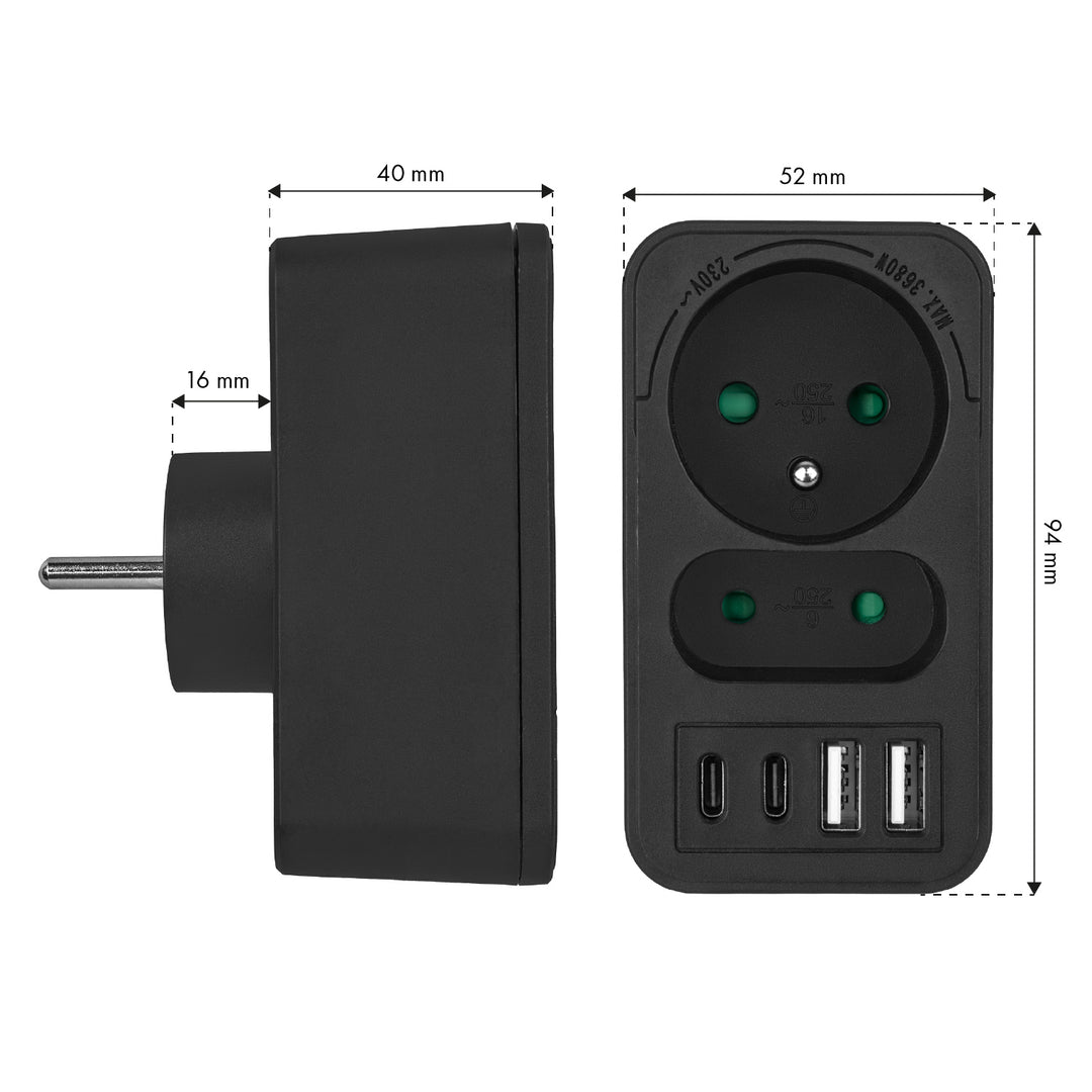 Maclean Stromsteckdose x2 + 4xUSB, Splitter mit 2 Steckdosen, 2xUSB A, 2xUSB C PD 20W, 1x16A + 1x6A, MCE249 F/B, 3 Stück