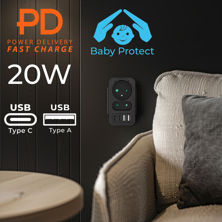Maclean Stromsteckdose x2 + 4xUSB, Splitter mit 2 Steckdosen, 2xUSB A, 2xUSB C PD 20W, 1x16A + 1x6A, MCE249 F/B, 3 Stück