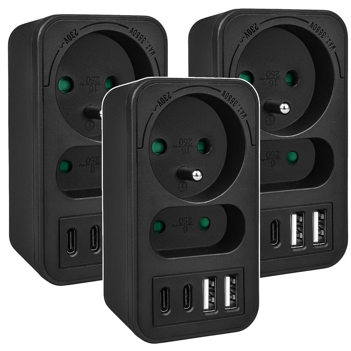 Maclean Stromsteckdose x2 + 4xUSB, Splitter mit 2 Steckdosen, 2xUSB A, 2xUSB C PD 20W, 1x16A + 1x6A, MCE249 F/B, 3 Stück