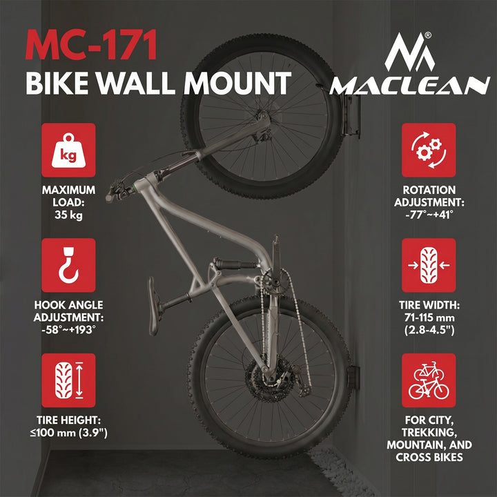 Maclean Fahrradhalterung / Wandhalterung, max. Tragkraft 35 kg, Neigungswinkel einstellbar, Stahl, MC-171