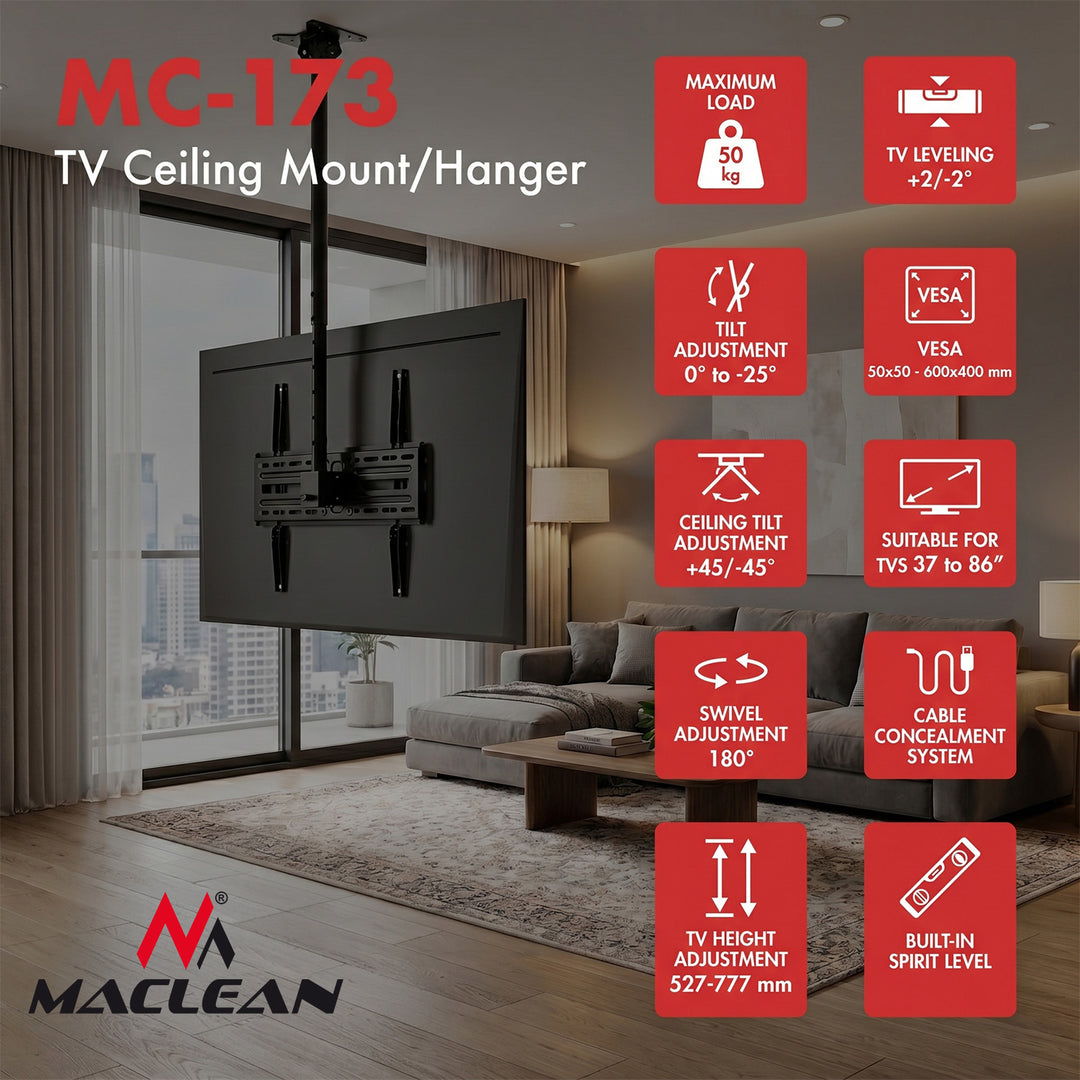 Deckenhalterung für Fernseher von Maclean, max. Tragkraft 50 kg, 37–86", max. VESA 600 × 400, MC-173