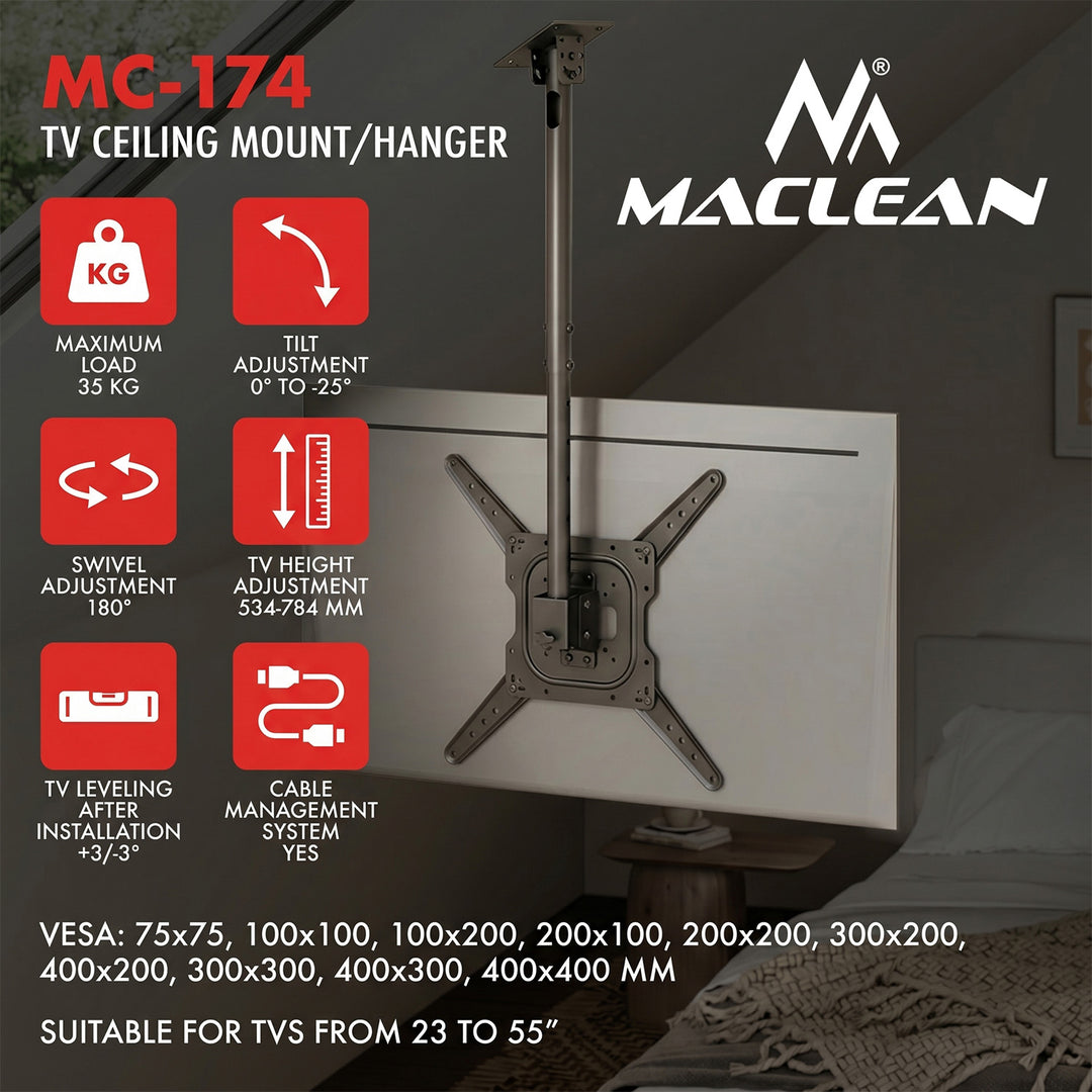Maclean TV-Deckenhalterung, max. Tragkraft 35 kg, 23–55", max. VESA 400 × 400, MC-174