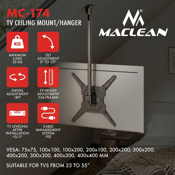 Maclean TV-Deckenhalterung, max. Tragkraft 35 kg, 23–55", max. VESA 400 × 400, MC-174