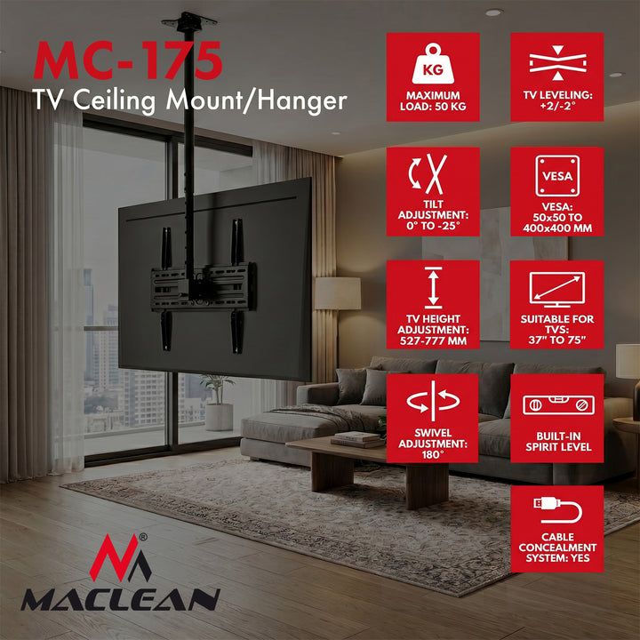 Deckenhalterung für Fernseher von Maclean, max. Tragkraft 50 kg, 37–75", max. VESA 400 × 400, MC-175
