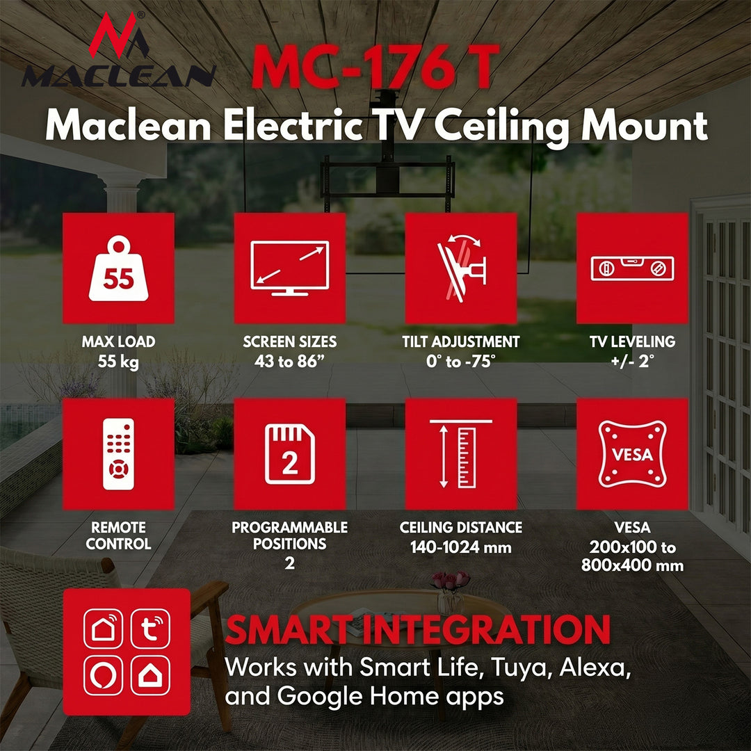 Maclean elektrische TV-Halterung, Deckenmontage, Tuya-kompatibel, max. VESA 800x400, für Fernseher von 43 bis 86", max. 55 kg, MC-176 T