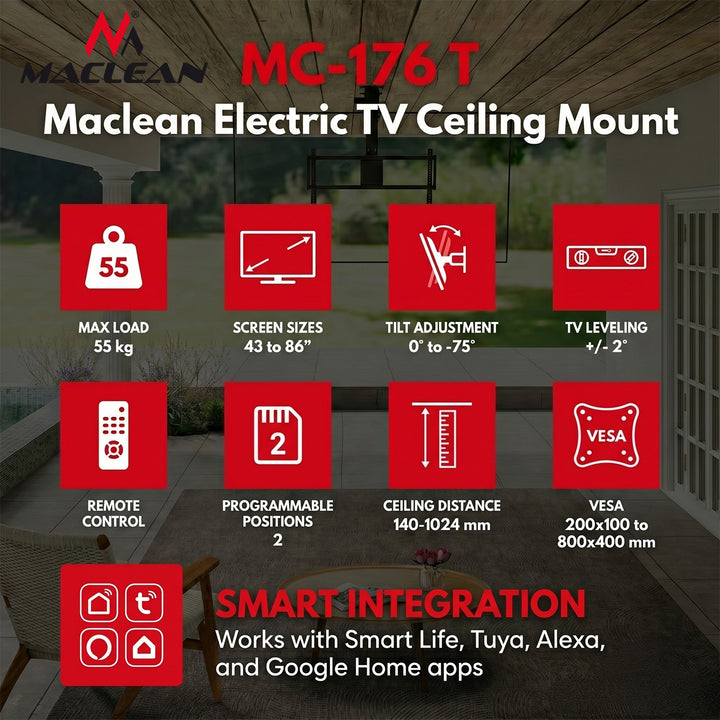 Maclean elektrische TV-Halterung, Deckenmontage, Tuya-kompatibel, max. VESA 800x400, für Fernseher von 43 bis 86", max. 55 kg, MC-176 T