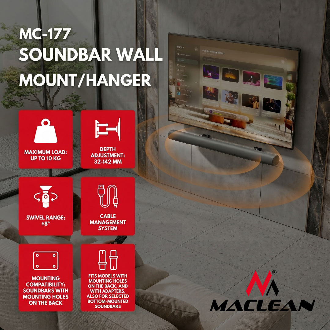 Wandhalterung für Maclean-Soundbar, Neigungsverstellung +8° bis -8°, max. Belastbarkeit 10 kg, aus Stahl, MC-177