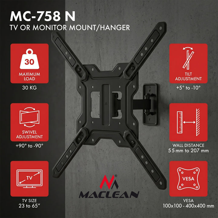 Halterung / Aufhängung für Fernseher oder Monitor von Maclean, max. 23–65", max. Tragkraft 30 kg, universell einsetzbar, max. VESA 400×400, MC-758 N