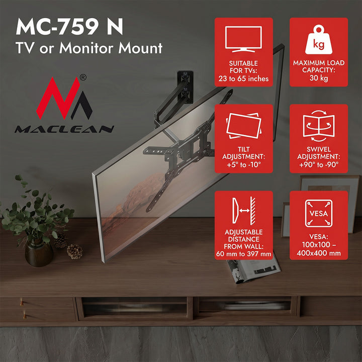Halterung / Aufhängung für Fernseher oder Monitor von Maclean, max. 23–65", max. Tragkraft 30 kg, universell einsetzbar, max. VESA 400 × 400, MC-759 N