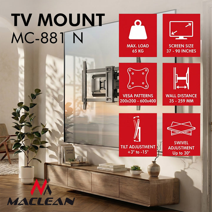 Maclean TV-Halterung/Aufhängung, max. VESA 600x400, 37–90", max. Tragkraft 65 kg, schwarz, MC-881 N