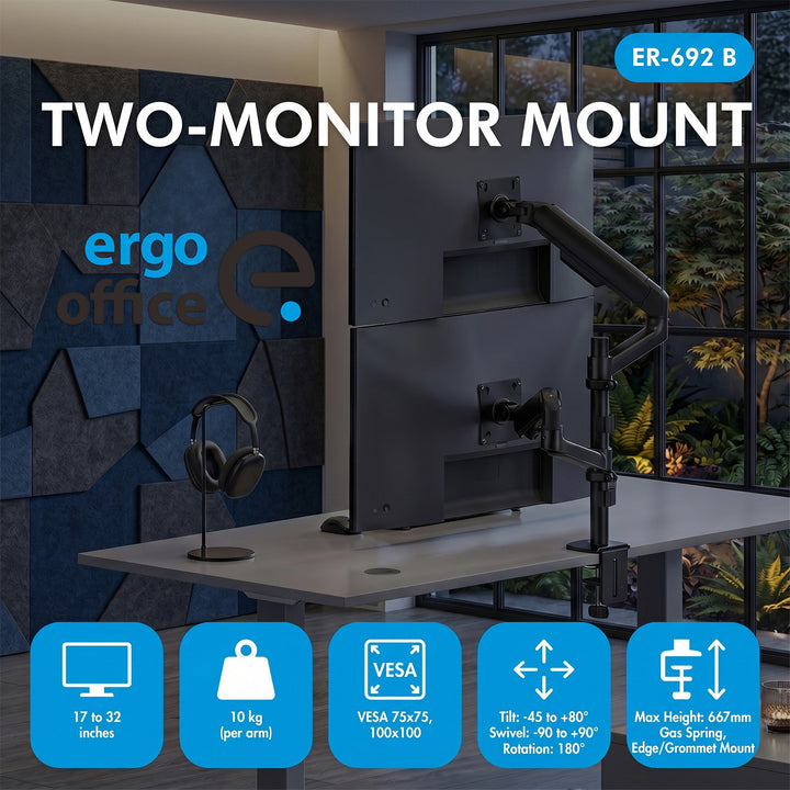Ergo Office-Halterung/Aufhängung für 2 Monitore, Gasfeder, 17"-32", 1-10 kg, mattschwarz, ER-692 B