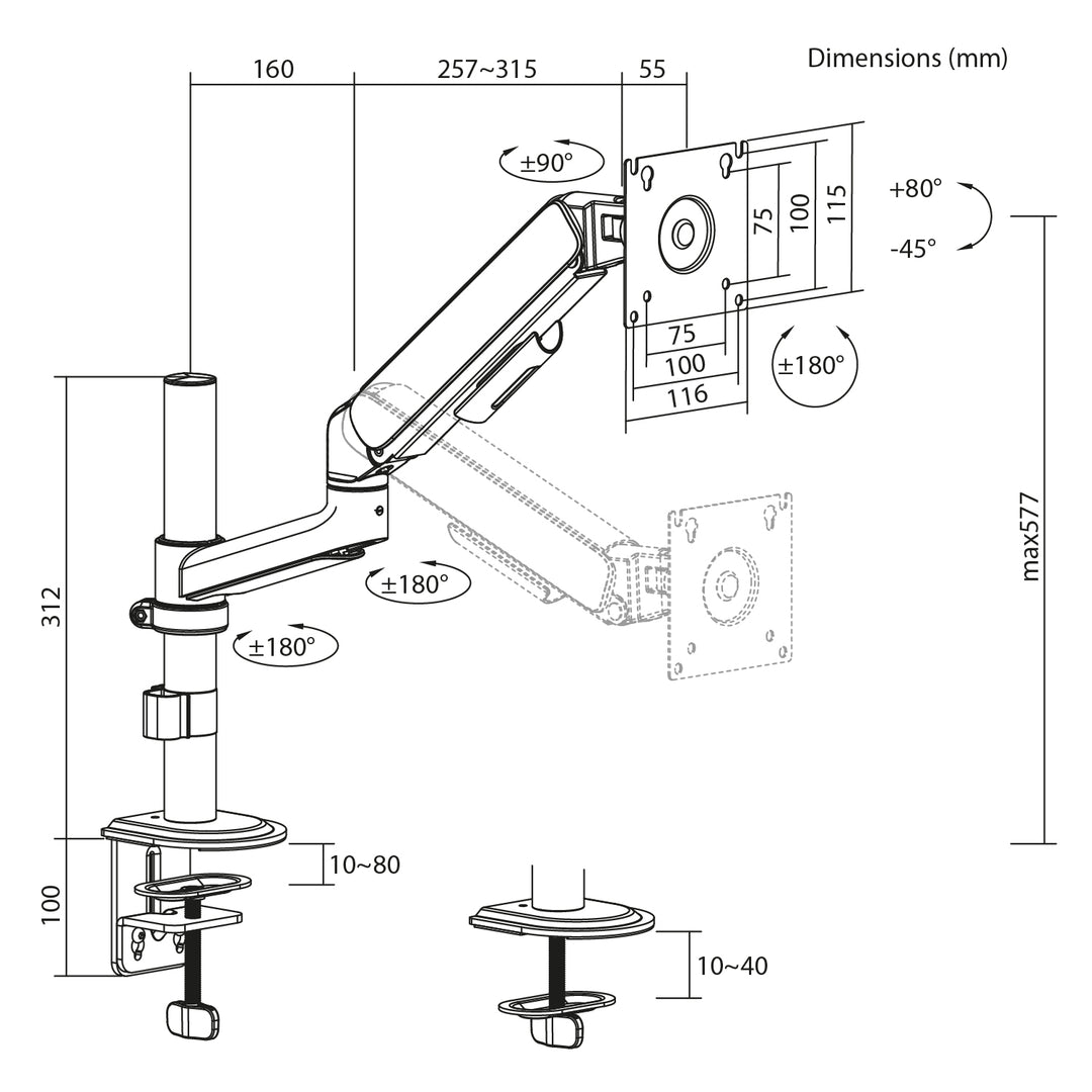 Ergo Office Monitorhalterung/-aufhängung, Gasfeder, 17"-32", 1-10 kg, mattschwarz, max. VESA 100x100, ER-691 B