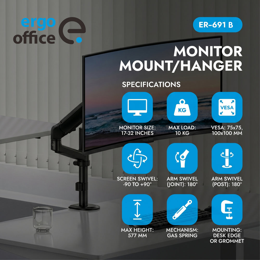 Ergo Office Monitorhalterung/-aufhängung, Gasfeder, 17"-32", 1-10 kg, mattschwarz, max. VESA 100x100, ER-691 B