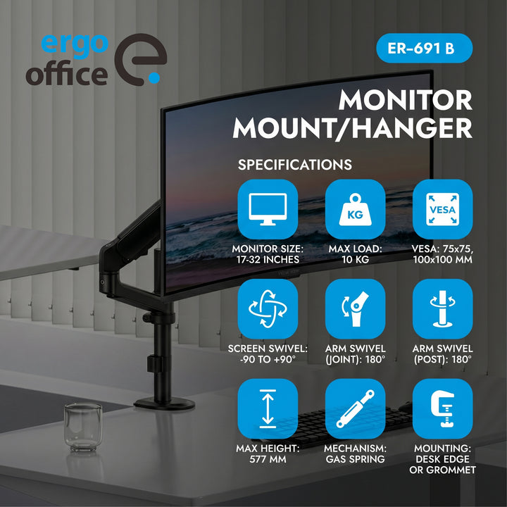 Ergo Office Monitorhalterung/-aufhängung, Gasfeder, 17"-32", 1-10 kg, mattschwarz, max. VESA 100x100, ER-691 B