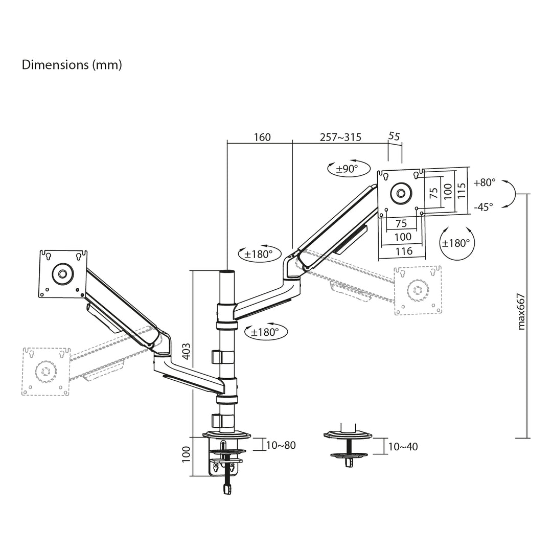 Ergo Office-Halterung/Aufhängung für 2 Monitore, Gasfeder, 17"-32", 1-10 kg, mattweiß, ER-692 W