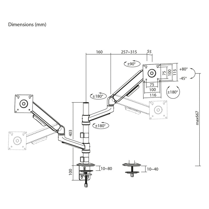 Ergo Office-Halterung/Aufhängung für 2 Monitore, Gasfeder, 17"-32", 1-10 kg, mattweiß, ER-692 W