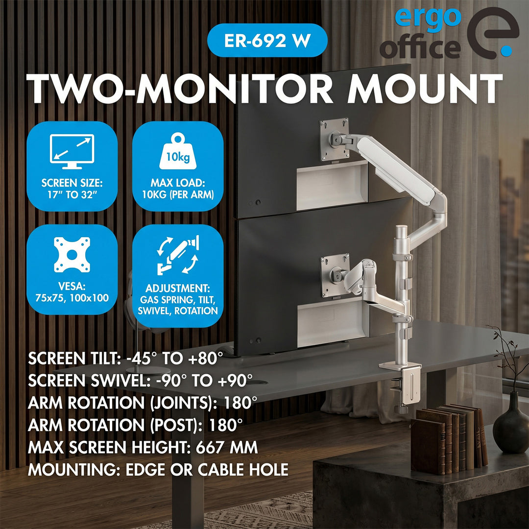 Ergo Office-Halterung/Aufhängung für 2 Monitore, Gasfeder, 17"-32", 1-10 kg, mattweiß, ER-692 W