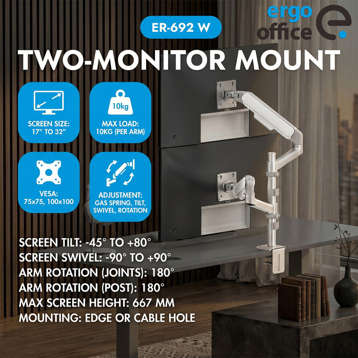 Ergo Office-Halterung/Aufhängung für 2 Monitore, Gasfeder, 17"-32", 1-10 kg, mattweiß, ER-692 W