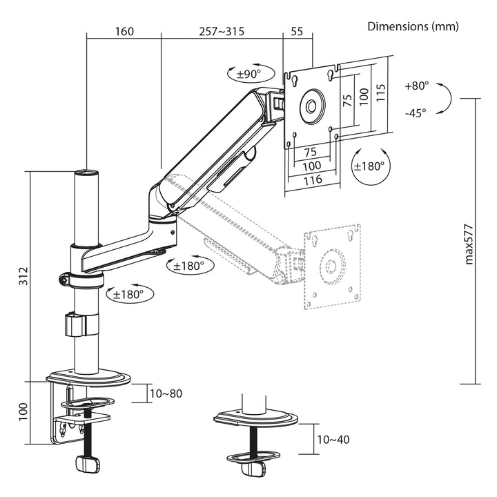 Ergo Office Monitorhalterung/-aufhängung, Gasfeder, 17"–32", 1–10 kg, mattweiß, max. VESA 100×100, ER-691 W