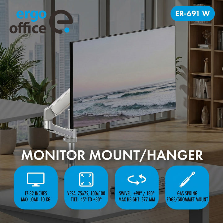 Ergo Office Monitorhalterung/-aufhängung, Gasfeder, 17"–32", 1–10 kg, mattweiß, max. VESA 100×100, ER-691 W