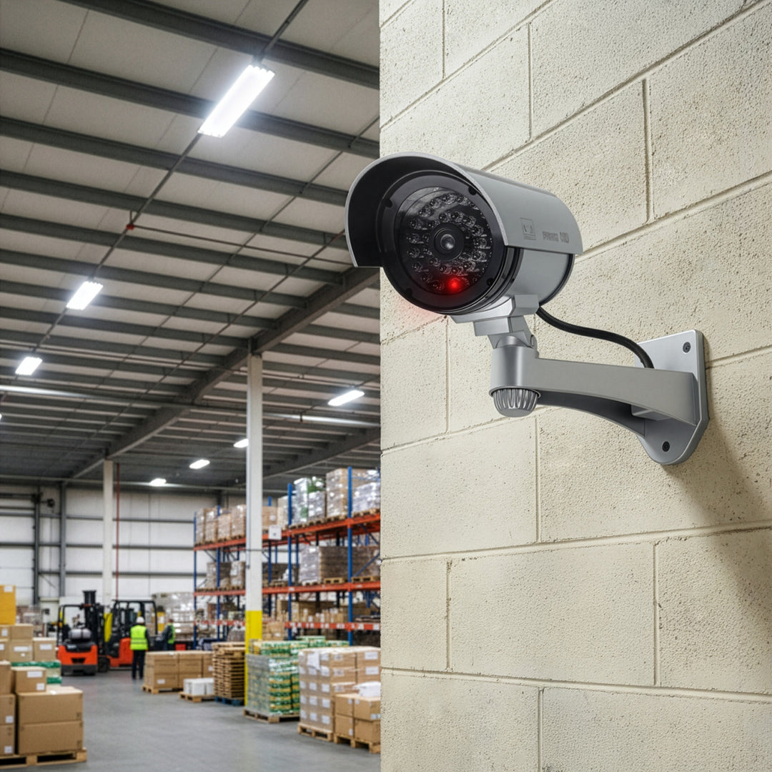 Kamera-Attrappe mit blinkender LED IR1100 S IR extern + 2x Varta Industrial AA Batterien