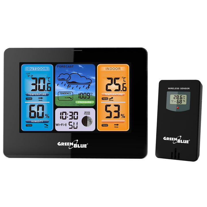 GreenBlue WiFi-Wetterstation, TUYA-kompatibel, Außensensor, Kalender, Wettervorhersage, Barometer, Netzadapter, Batterien, GB215