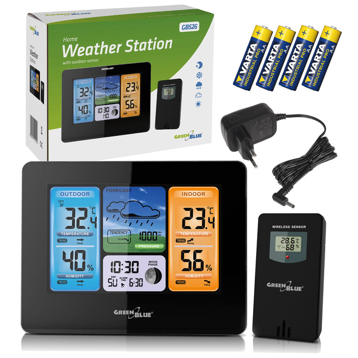GreenBlue Funkwetterstation, Farbe, mit DCF, Mondphasen, Netzteil, Batterien, GB526