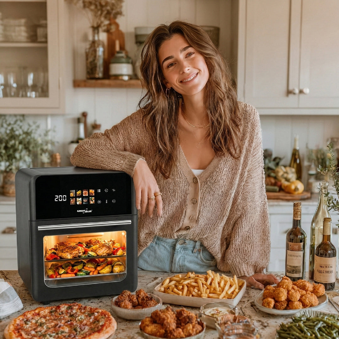 GreenBlue AIR FRYER Heißluftfritteuse, 1800 W, 10 l Fassungsvermögen, 8 Programme, Zubehör, Timer, GB950