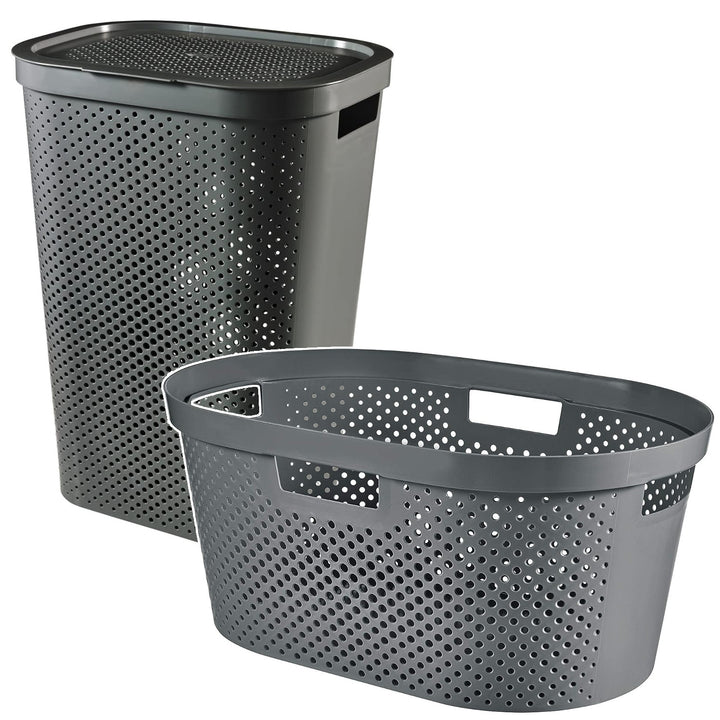 Curver Infinity Recycled Mangeln / Wäschekorb, Kapazität 40L, Dunkelgrau, 100% recycelt, 245675 + Curver Infinity Recycled 60L Wäschekorb