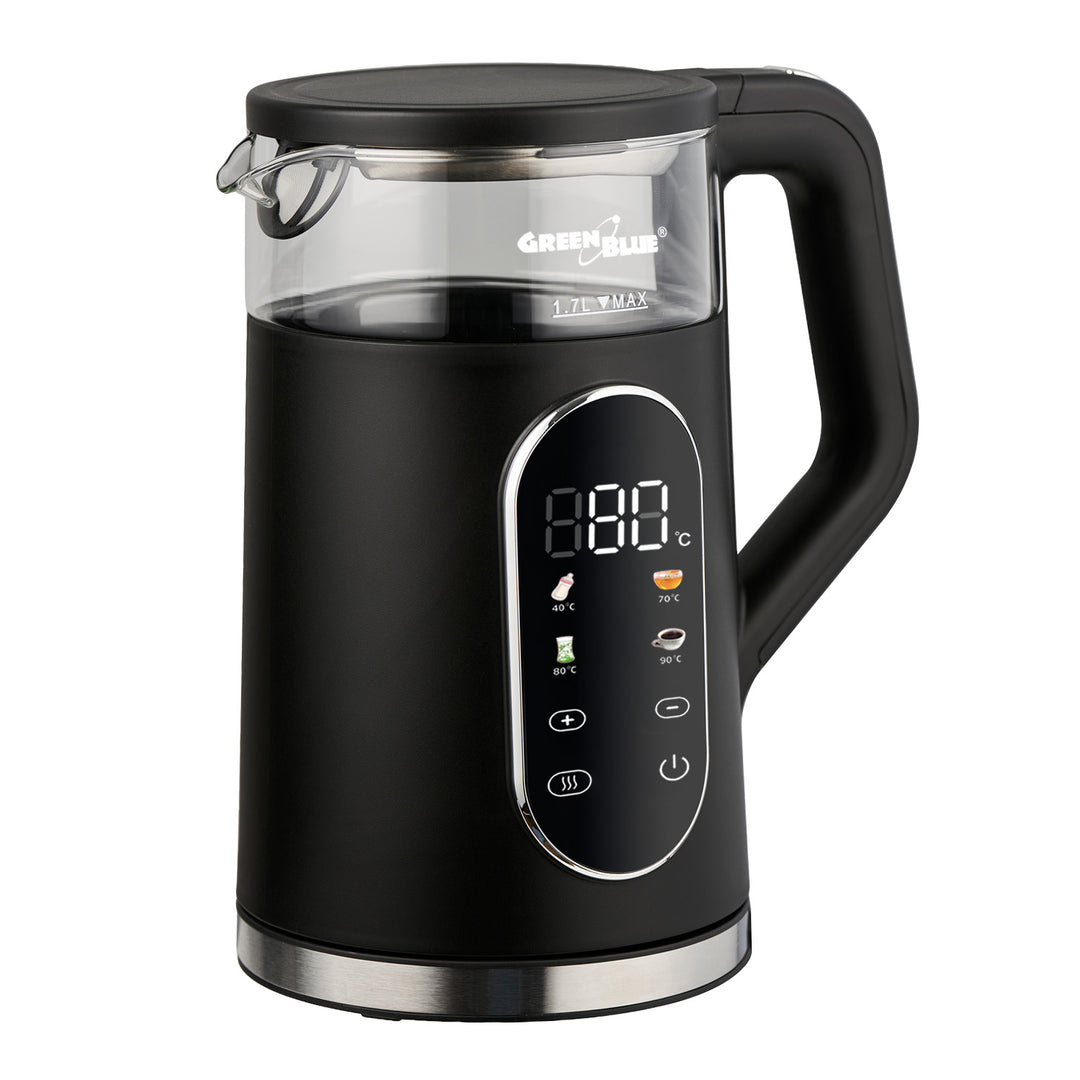GreenBlue kabelloser Wasserkocher, 1,7 l Fassungsvermögen, Glasbehälter, gut ablesbares Display, Temperaturwahl, 2200 W, GB670 B
