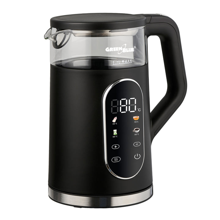 GreenBlue kabelloser Wasserkocher, 1,7 l Fassungsvermögen, Glasbehälter, gut ablesbares Display, Temperaturwahl, 2200 W, GB670 B