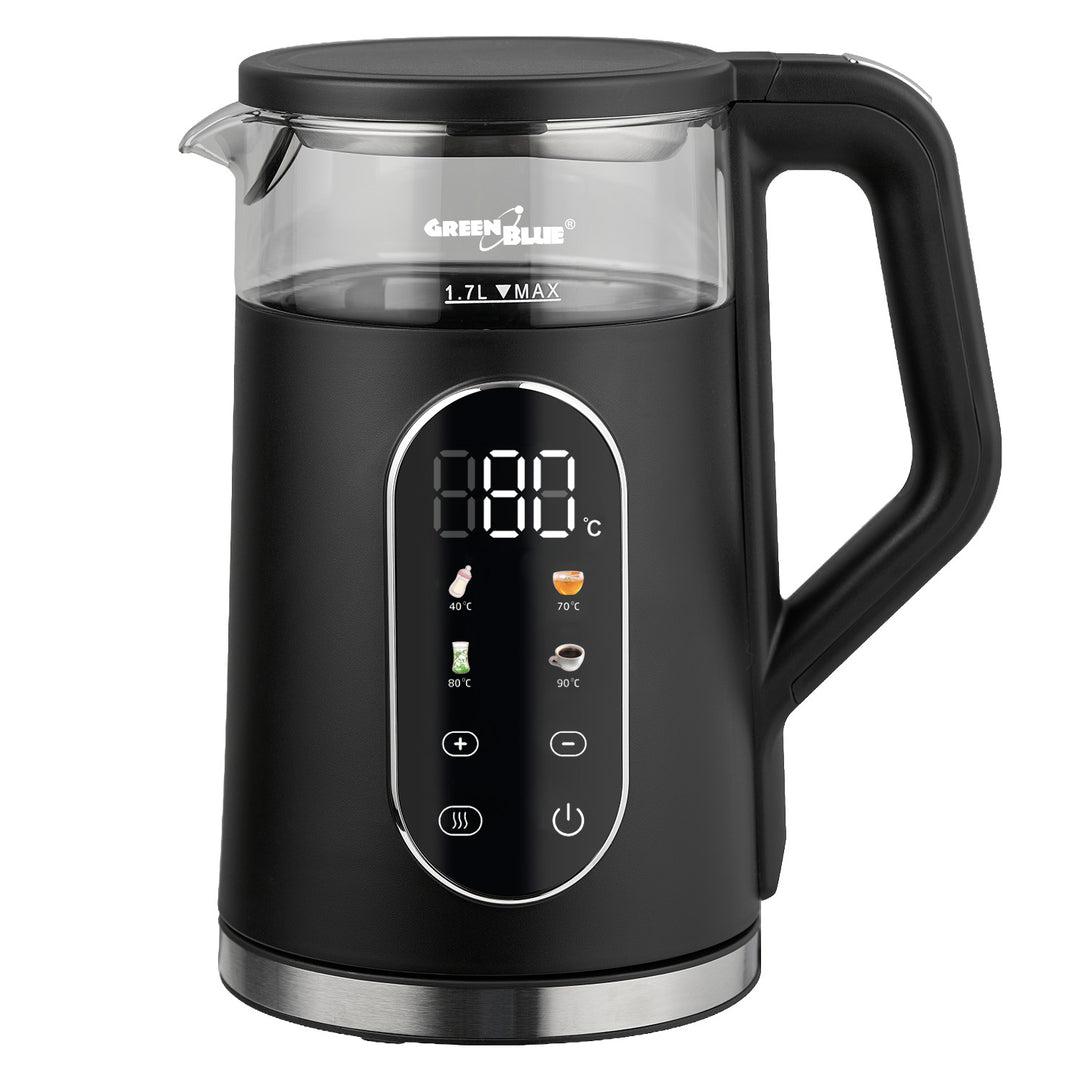 GreenBlue kabelloser Wasserkocher, 1,7 l Fassungsvermögen, Glasbehälter, gut ablesbares Display, Temperaturwahl, 2200 W, GB670 B