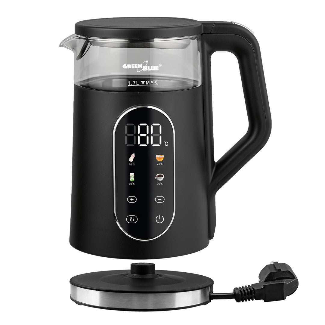 GreenBlue kabelloser Wasserkocher, 1,7 l Fassungsvermögen, Glasbehälter, gut ablesbares Display, Temperaturwahl, 2200 W, GB670 B