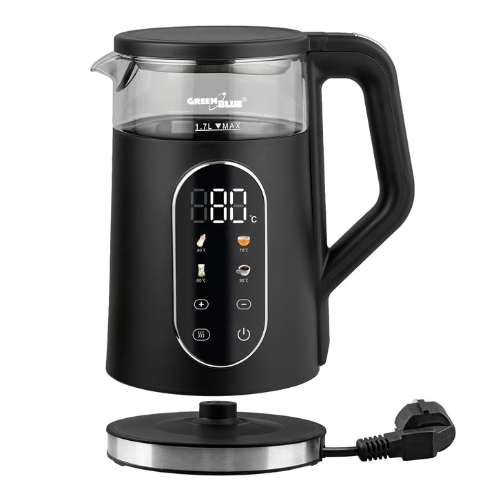GreenBlue kabelloser Wasserkocher, 1,7 l Fassungsvermögen, Glasbehälter, gut ablesbares Display, Temperaturwahl, 2200 W, GB670 B