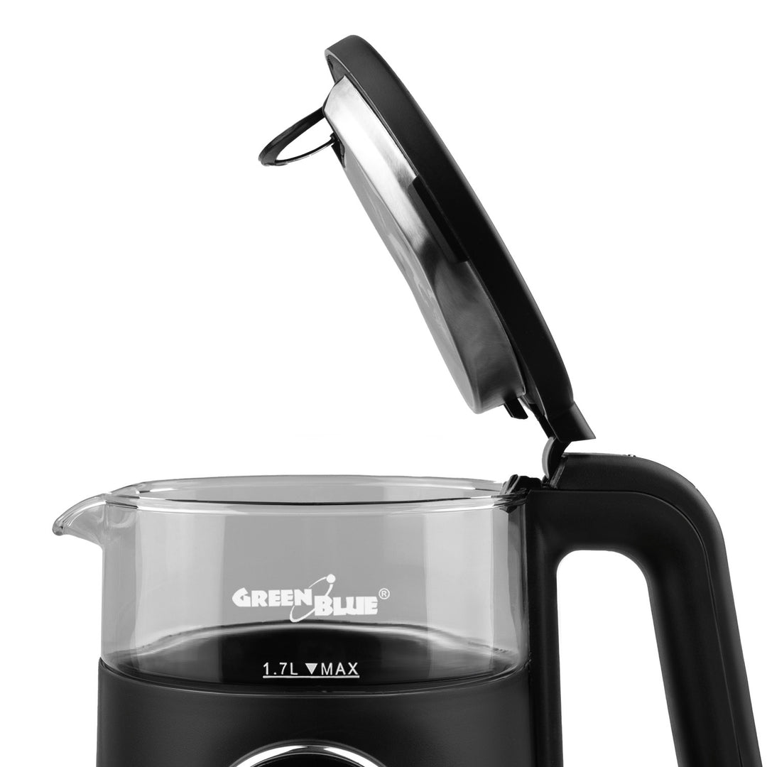 GreenBlue kabelloser Wasserkocher, 1,7 l Fassungsvermögen, Glasbehälter, gut ablesbares Display, Temperaturwahl, 2200 W, GB670 B