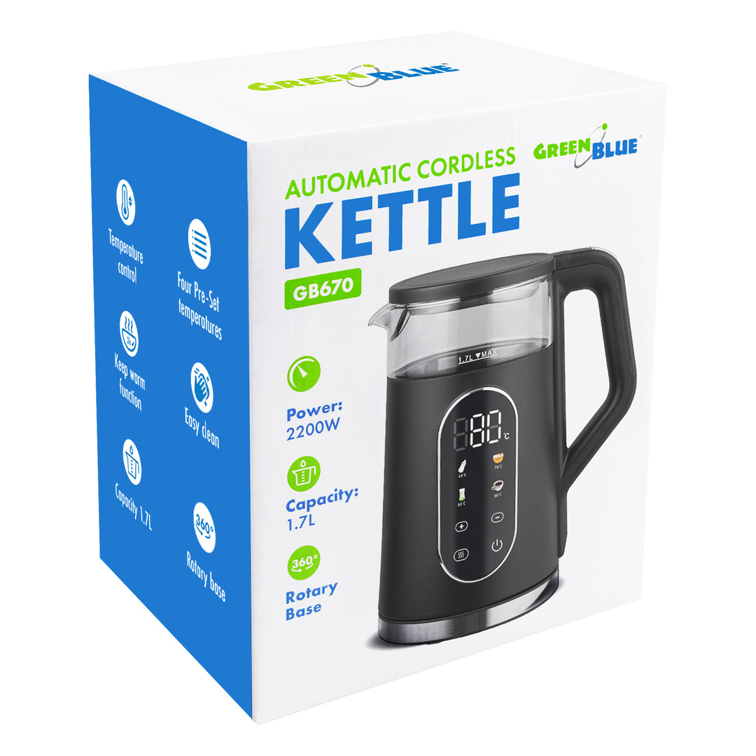 GreenBlue kabelloser Wasserkocher, 1,7 l Fassungsvermögen, Glasbehälter, gut ablesbares Display, Temperaturwahl, 2200 W, GB670 B