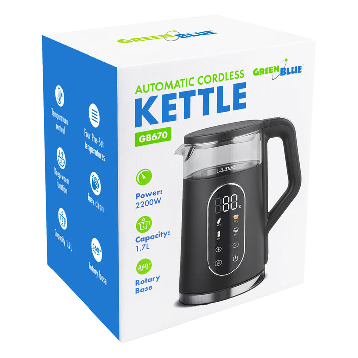 GreenBlue kabelloser Wasserkocher, 1,7 l Fassungsvermögen, Glasbehälter, gut ablesbares Display, Temperaturwahl, 2200 W, GB670 B