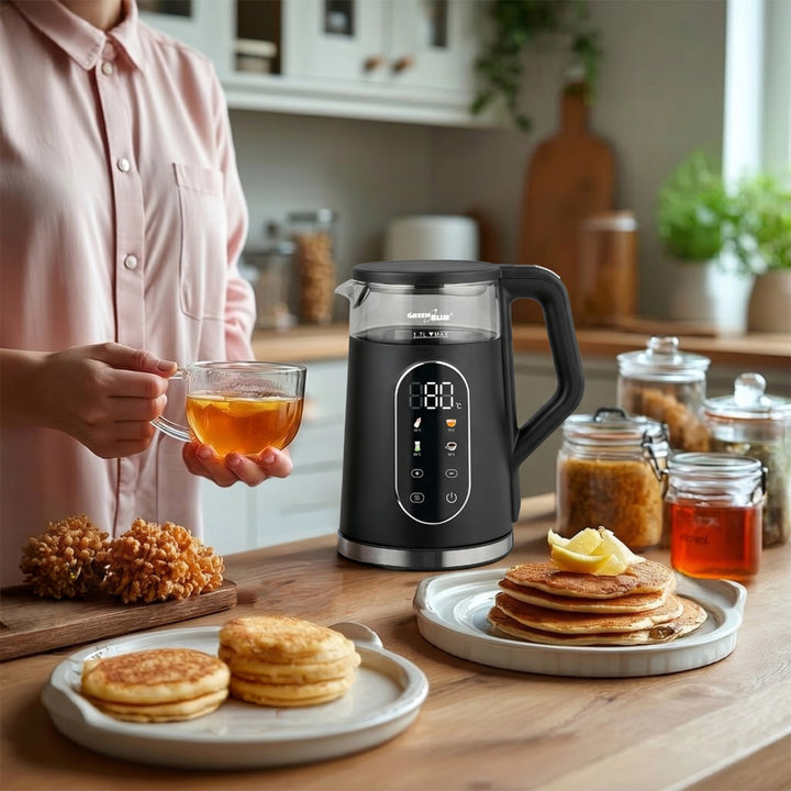 GreenBlue kabelloser Wasserkocher, 1,7 l Fassungsvermögen, Glasbehälter, gut ablesbares Display, Temperaturwahl, 2200 W, GB670 B