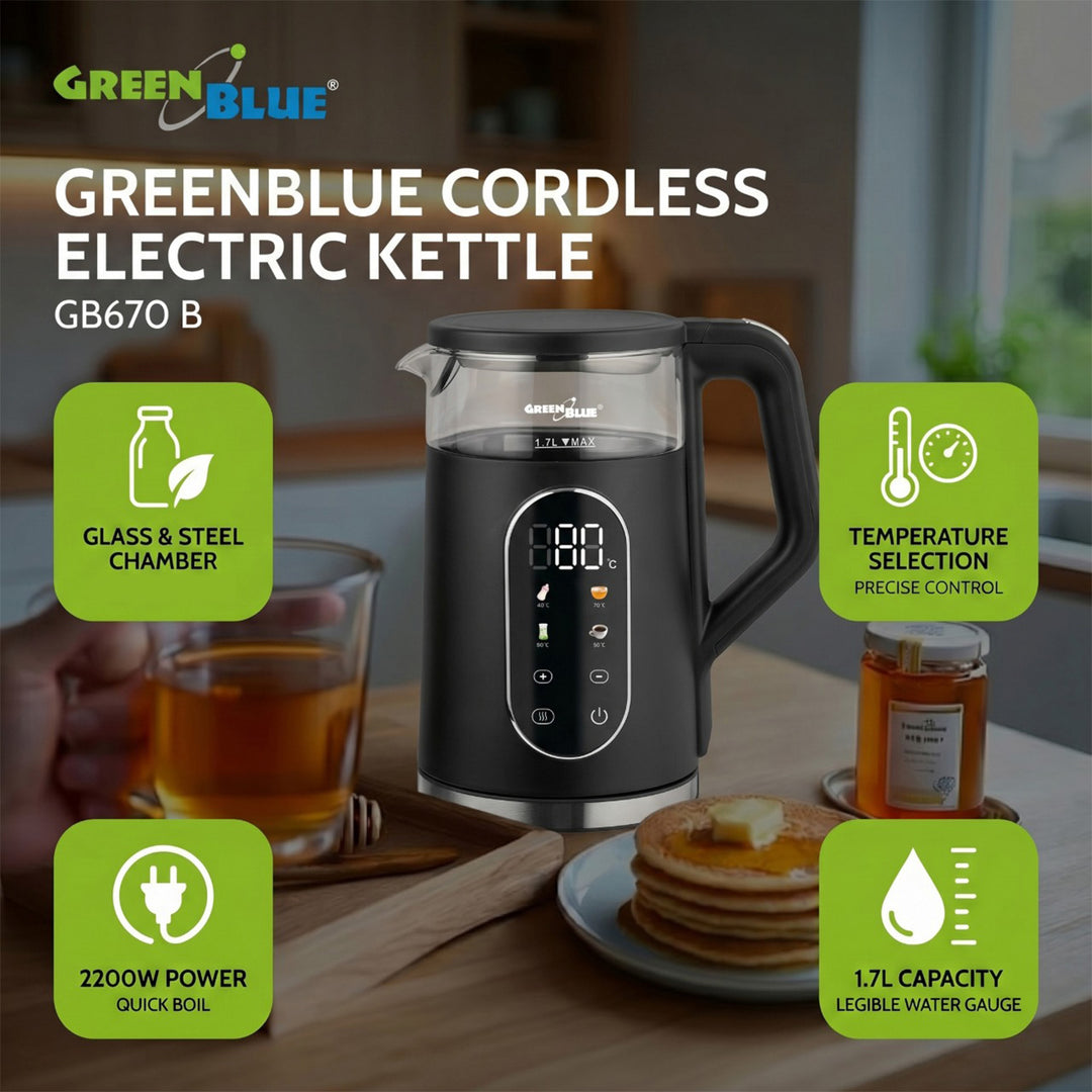 GreenBlue kabelloser Wasserkocher, 1,7 l Fassungsvermögen, Glasbehälter, gut ablesbares Display, Temperaturwahl, 2200 W, GB670 B