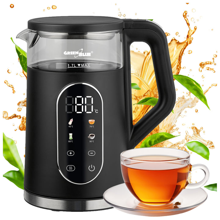 GreenBlue kabelloser Wasserkocher, 1,7 l Fassungsvermögen, Glasbehälter, gut ablesbares Display, Temperaturwahl, 2200 W, GB670 B