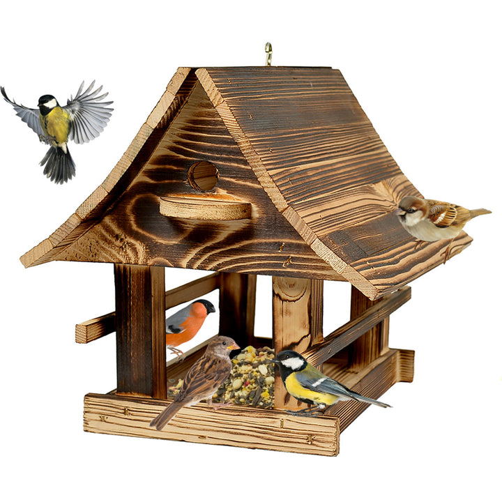 Woodok Vogelfutterhaus, Holz, gebrannt, Aufhängehaken + Vogelfutter 1kg