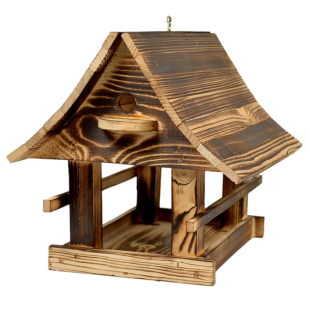 Woodok Vogelfutterhaus, Holz, gebrannt, Aufhängehaken + Vogelfutter 1kg