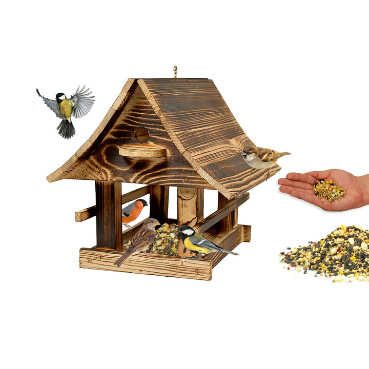 Woodok Vogelfutterhaus, Holz, gebrannt, Aufhängehaken + Vogelfutter 1kg